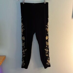 Johnny Was Black Velvet Leggings with Gold Floral Side Embroidery